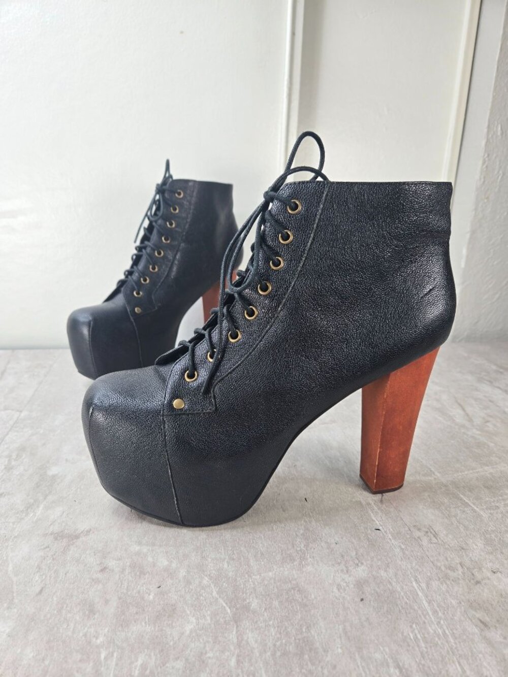 Jeffrey Campbell Platform Boots Black Leather Y2k Rave Chunky Block Heel Booties